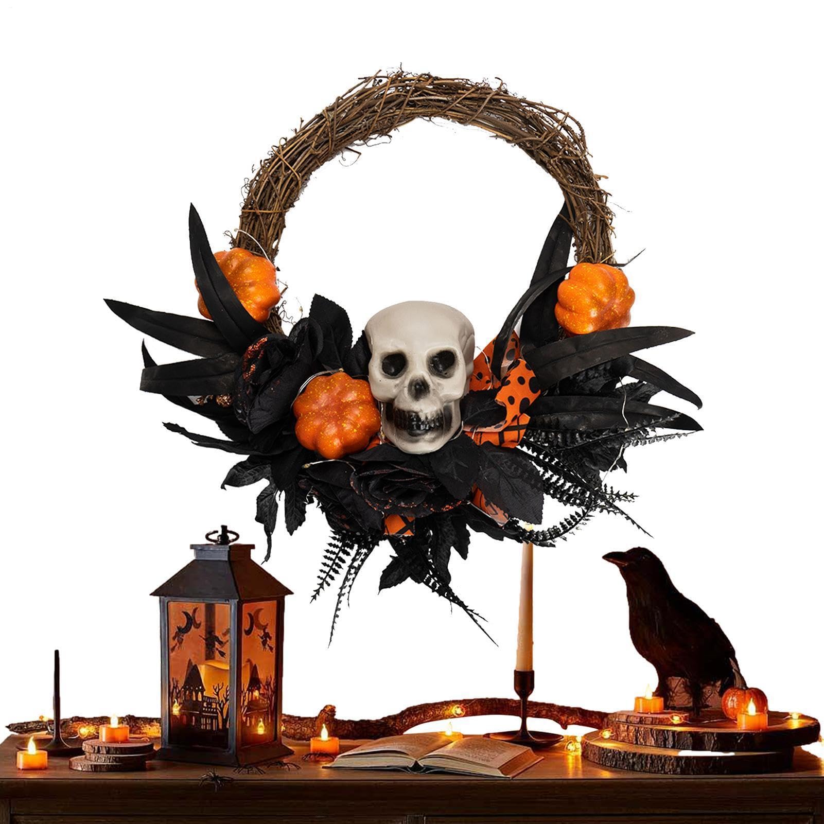 Wieńce halloweenowe na drzwi wejściowe światło LED przerażająca sztuczna kość czaszka