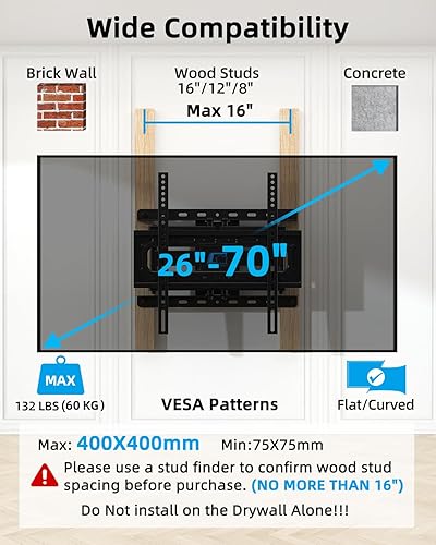 Miniatura 7 de HOME VISION Soporte de pared para TV de 26 a 70 pulgadas de hasta 132 libras, movimiento completo tiene giro suave, inclinación y extensión