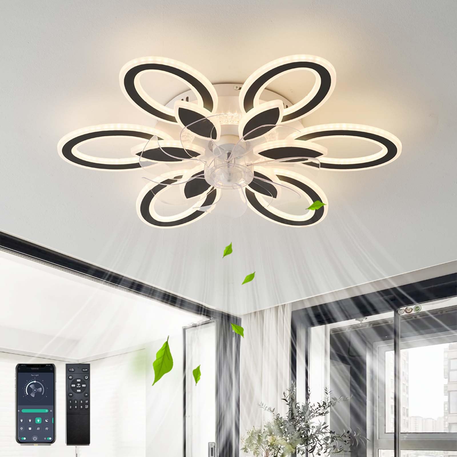 QINGYING 78W Ceiling Fans with Lights and Remote Control, Design Flower Light Fan Ceiling Dimmable Quiet Ceiling Fan Light, Reversible 6 Speed Ceiling Fans with Lamps for Bedroom Lounge, Black