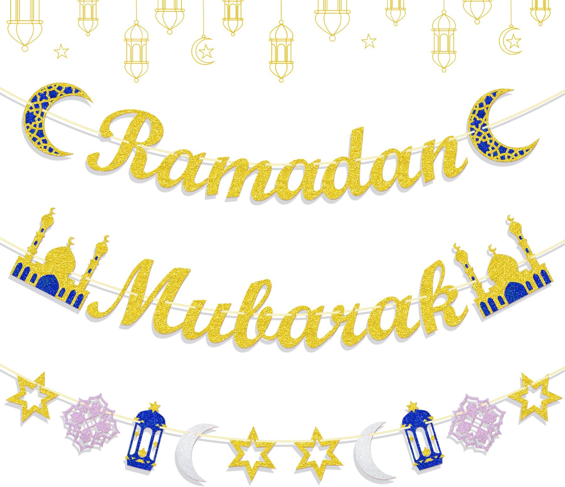 Set Decorazioni Ramadan Pre-assemblato, 34 Pezzi Con Banner E Ghirlande, Luna E Stelle - 3