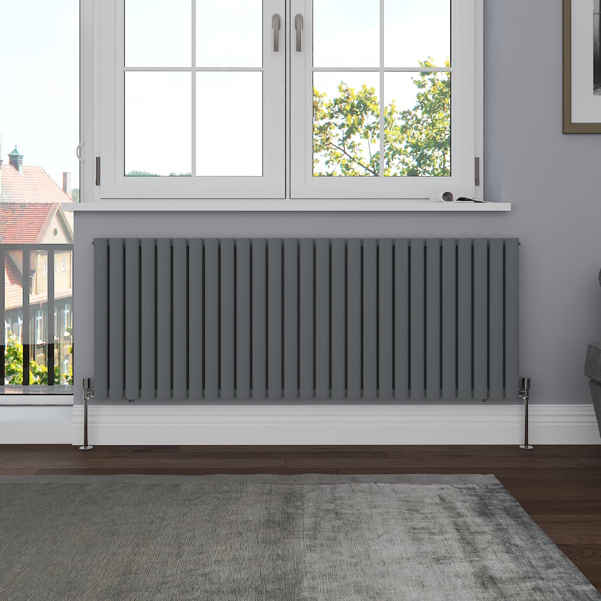 Nrg Anthracite Horizontal 600X1593 Oval Column Designer Radiator Central Heating Double Panel
