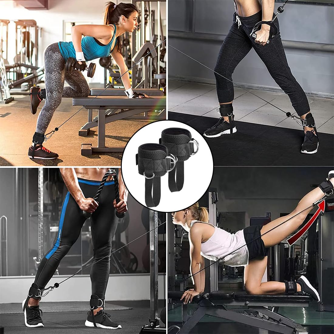 NJCXOLA 2 Pezzi Cavigliere Cavi Palestra, Cinghie per Caviglia, Cavigliere Pulegge con Doppio D Anello, Cavigliera Sportiva Regolabile, Allenamento Glutei Esercizi Gambe, Accessori Palestra