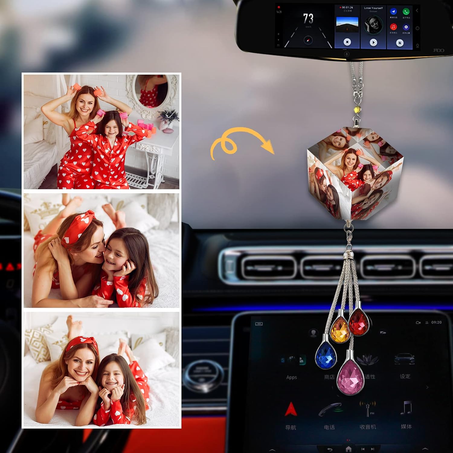 Custom Photo Crystal Window Car Mirror Hanging Accessories Car Ornament Pendant Rearview Mirror Car Charms Decorations for Women
