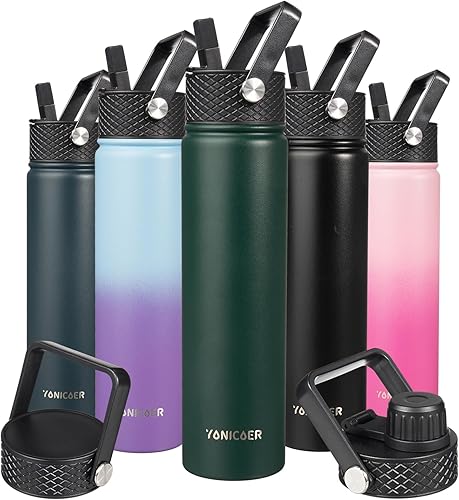 YONICOER Botella de agua aislada con pajilla, termo de acero inoxidable de 24 onzas, vaso térmico de doble pared al vacío con 3 tapas a prueba de