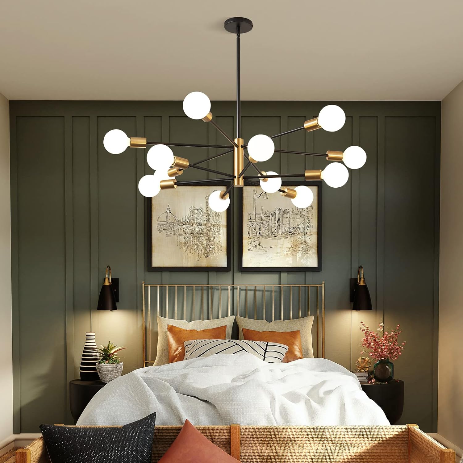 12-Light Black and Gold Sputnik Metal Chandelier