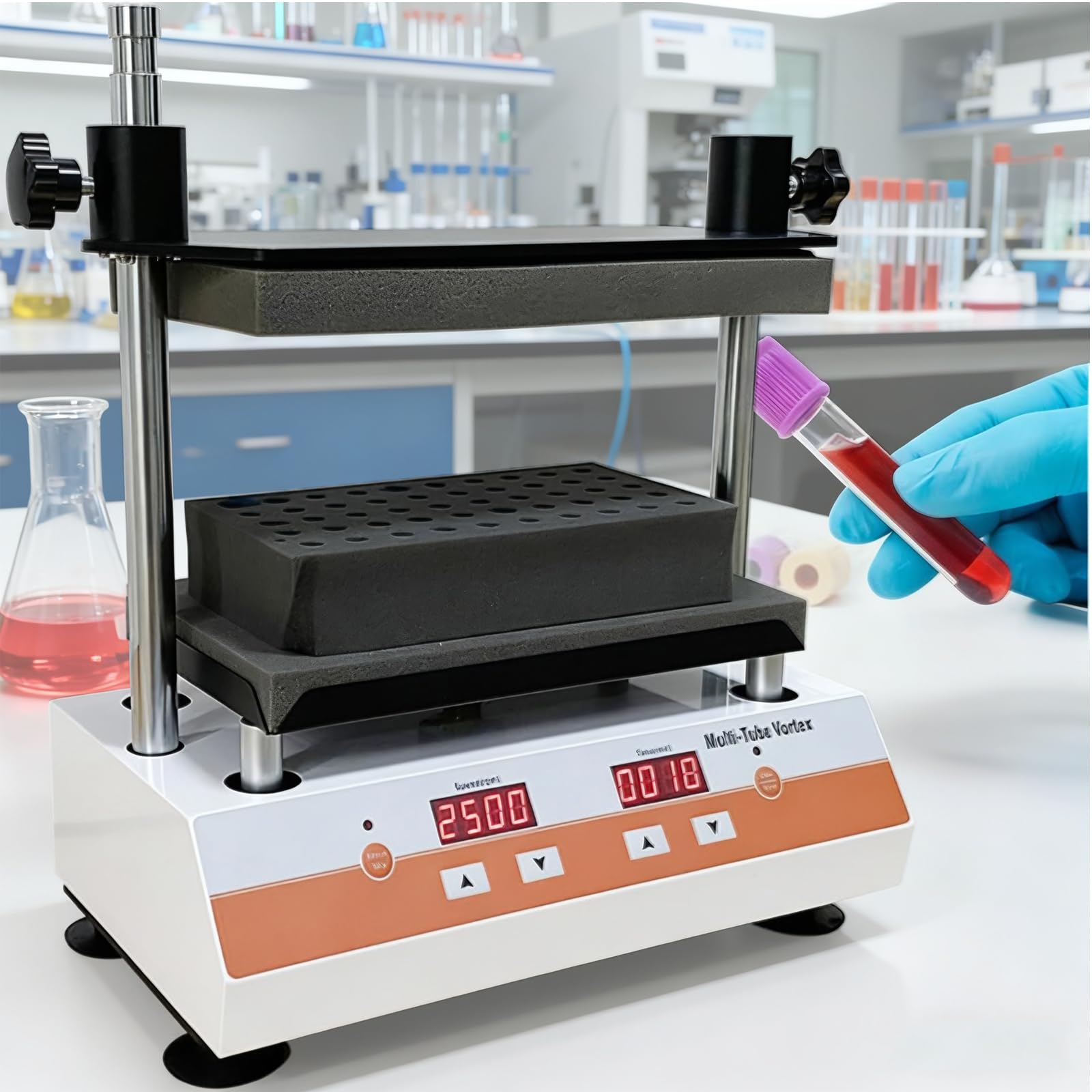 Miscelatore a vortice, miscelatore multi tubo da laboratorio, velocità regolabile 500-2500 giri/min, impostazione del tempo 1-9999min, display digitale LCD per ricerca scientifica e prodotti chimici