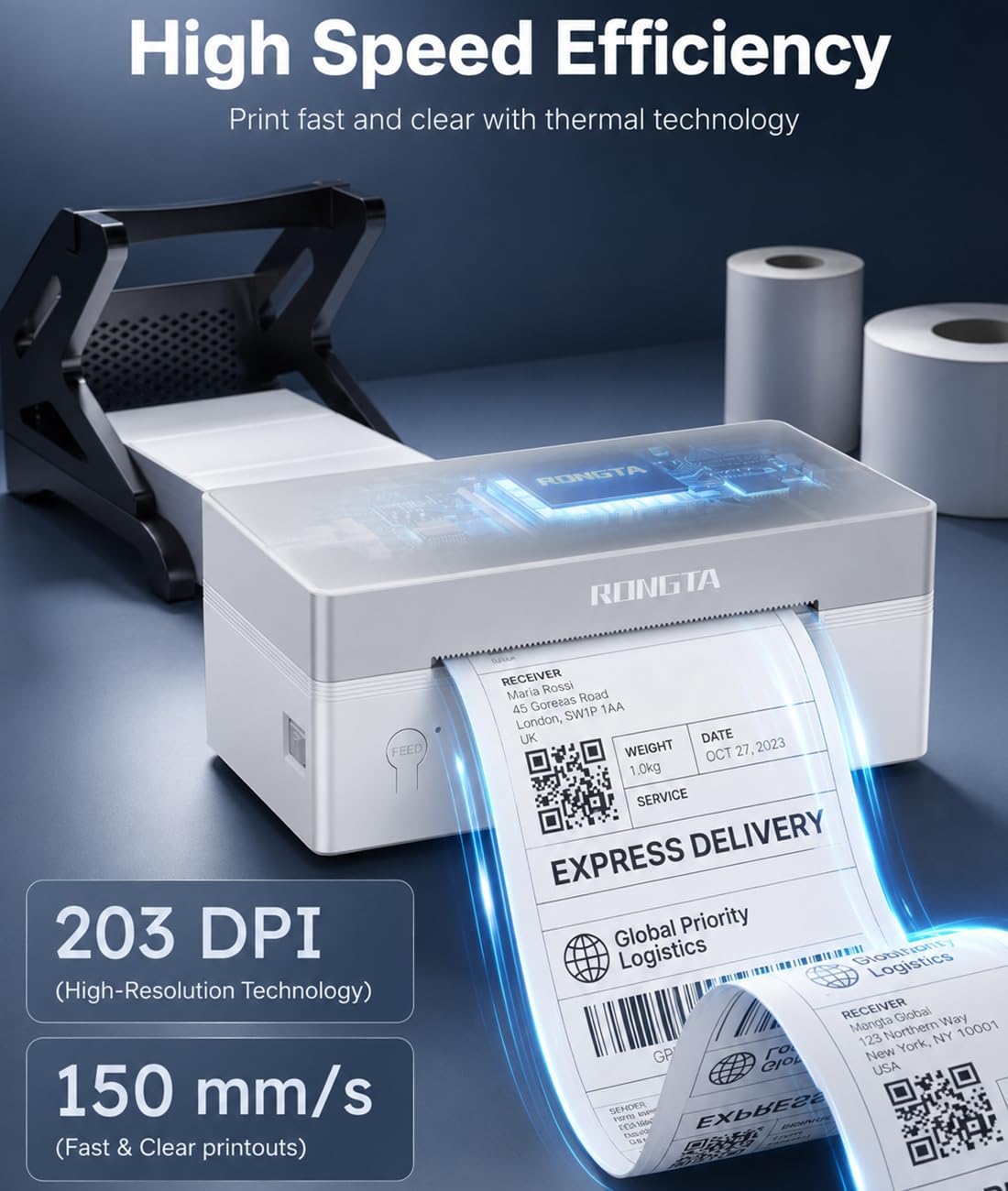 Rongta Bluetooth 4x6 Wireless Thermal Shipping Label Printer,White | Wireless Bluetooth Thermal Label Printer, Ideal for Shipping Labels for Package, Barcode Labels for Small Business