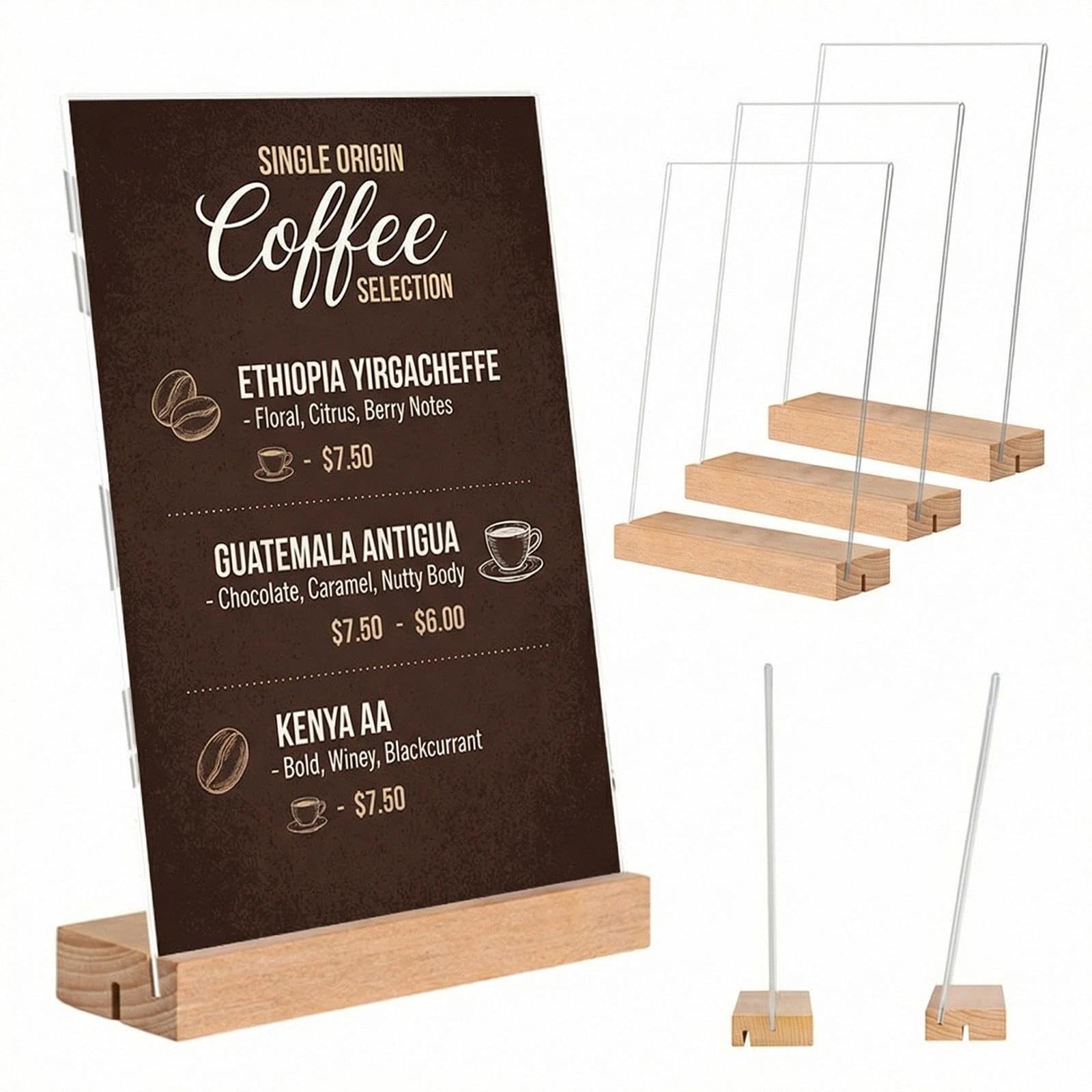 3 Pièces Porte Affiche A4 Presentoir A4 Transparent Support Affiche A 4 avec Base en Bois Présentoir de Table A 4 Porte Menu L&T 21 x 29,7cm pour Restaurants, Bureaux