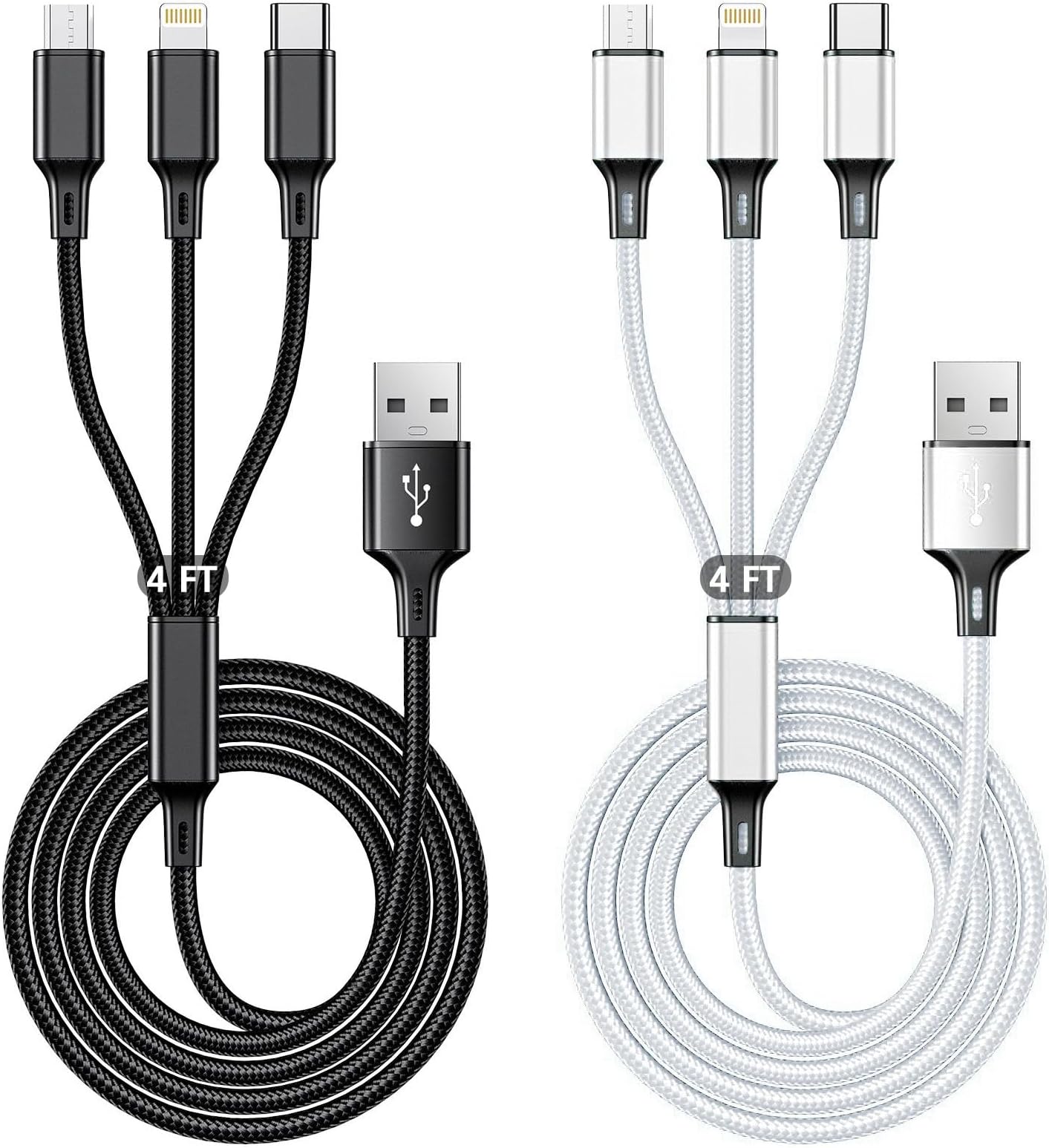 Multi USB Charging Cable 3A, 3 in 1 Fast Charger Cord Connector with Dual Phone/Type C/Micro USB Port Adapter, Compatible with Tablets iPhone 14 13 12 Pro 8 7 Samsung Galaxy (4FT/2Pack Charging Only)