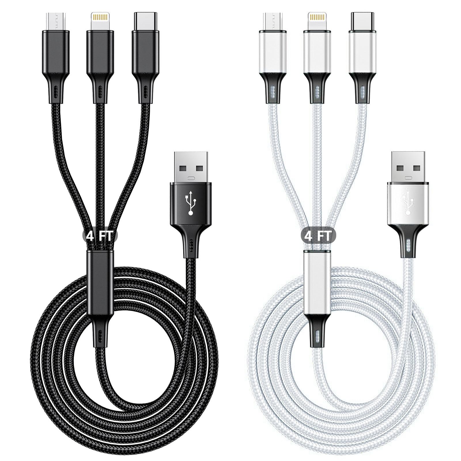Multi USB Charging Cable 3A, 3 in 1 Fast Charger Cord Connector with Dual Phone/Type C/Micro USB Port Adapter, Compatible with Tablets Phone 12 11 Pro 8 7 6 Samsung Galaxy (4FT/2Pack Charging Only)