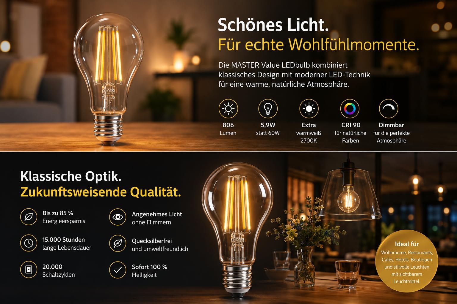 Philips LED-Lampe, Warmweiß, 5,9 W, A60, E27, 60-W-Ersatz, 220-240 V