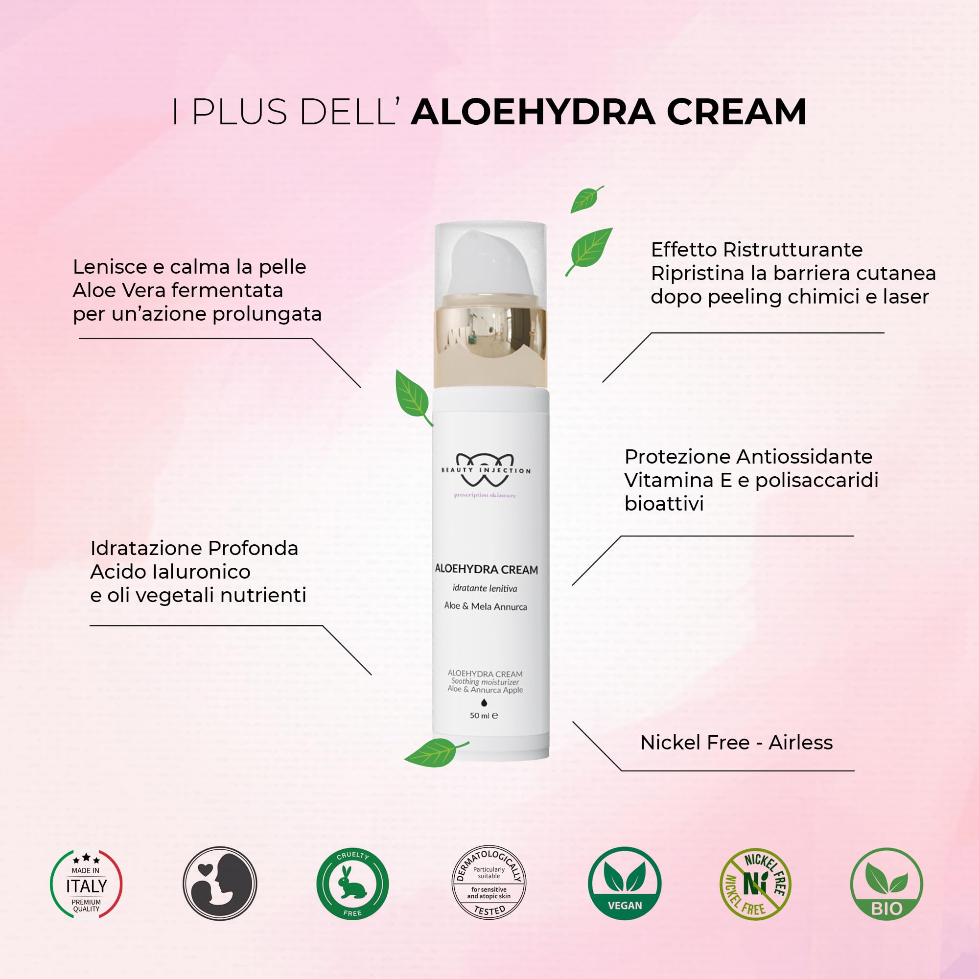 Wikirose Aloehydra Cream Crema Viso Idratante Lenitiva, con Aloe Vera, Niacinamide, Estratto di Mela, per Pelle Sensibile e Disidratata, Azione Riequilibrante e Protettiva, 50 ml
