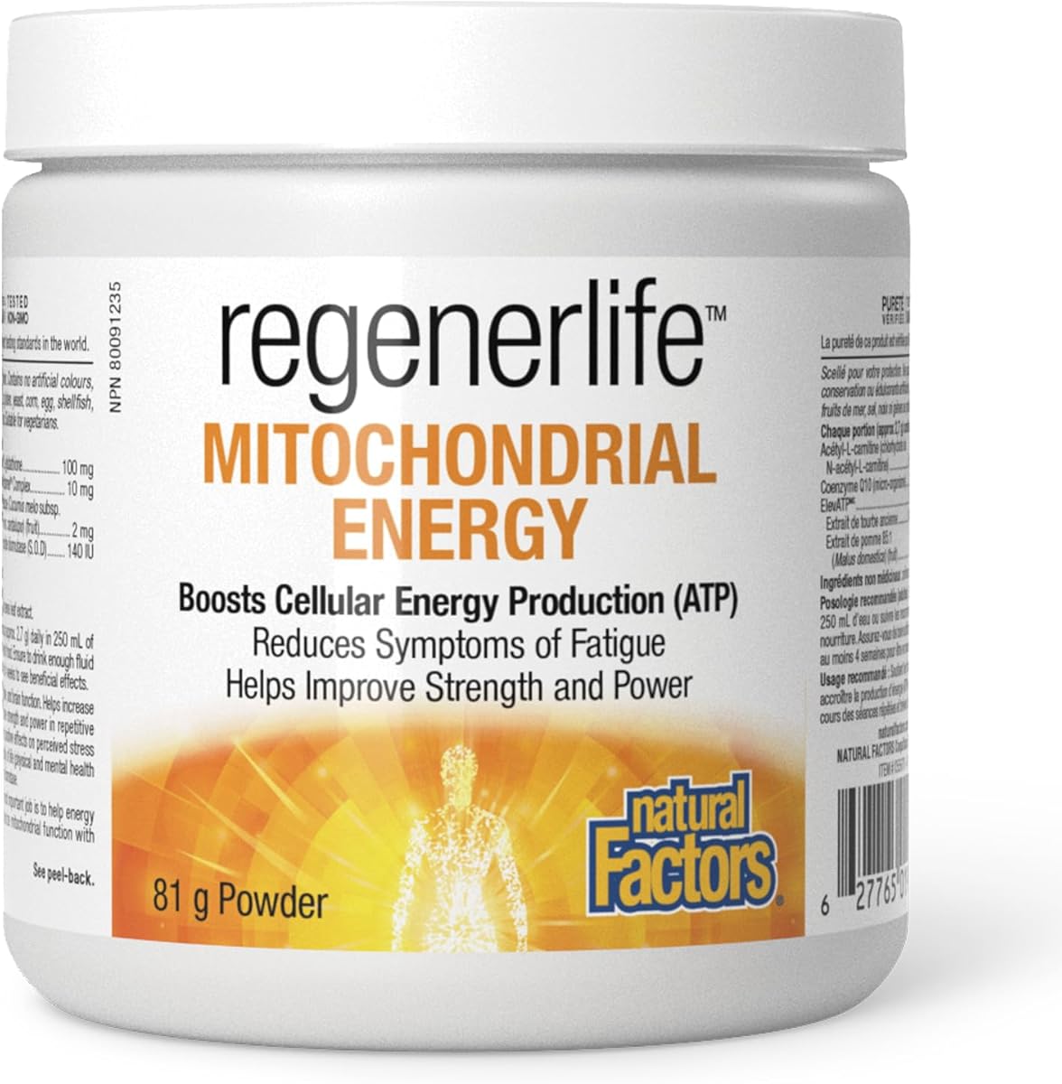 Natural Factors Regenerlife Mitochondrial Energy, 81 g Powder, Boosts Cellular Energy Production (ATP), Reduces Symptoms of Fatigue, Includes: Acetyl-L-Carnitine, Coenzyme Q10, L-Glutathione