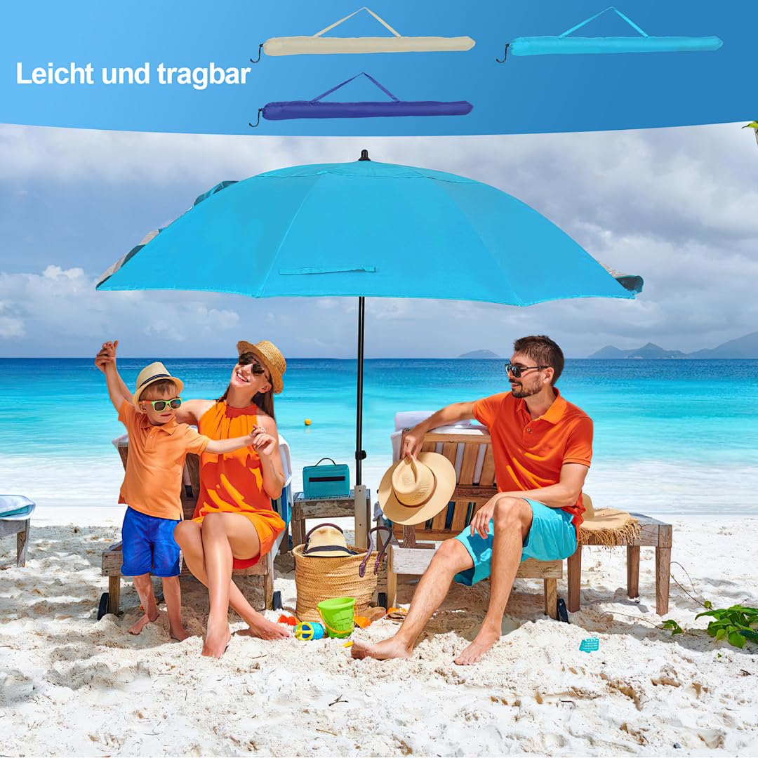 Parasol przeciwsłoneczny, namiot plażowy 2 w 1, UV50+, Ø 210 x 220 cm, dla 2-4 osób, składany, z oknem, śledziami i torbą do noszenia, ochrona przed wiatrem, na plażę, do ogrodu, na kemping
