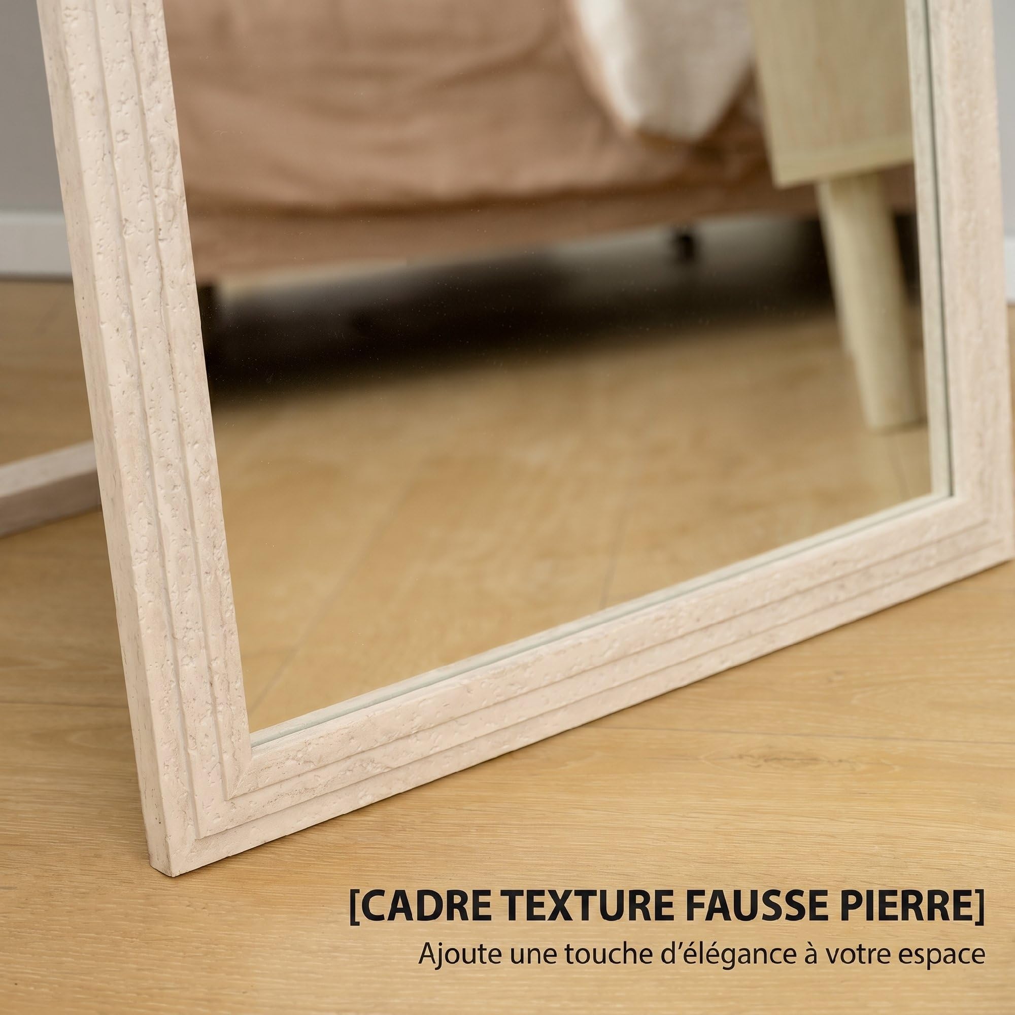 HOMCOM Miroir sur Pied Rectangulaire 160 x 50 cm, Cadre Texturé à Effet Pierre, Angle d'Inclinaison Réglable, Anti-Éclats, Miroir Intégral pour Mur, sur Pied, Appuyé, Blanc