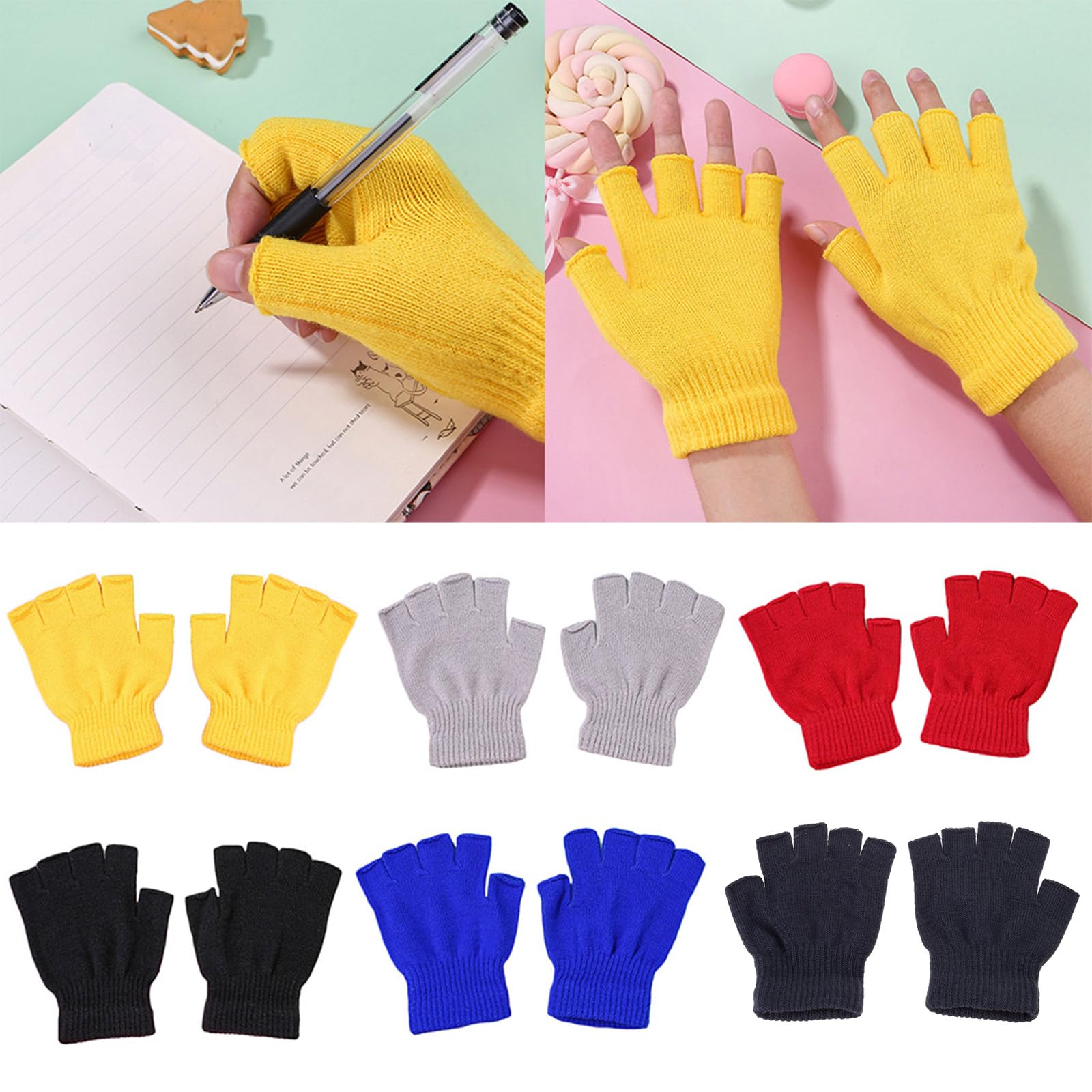 Maxtonser 1/6 Pairs Men Women Unisex Winter Knitted Half Finger Gloves Simple Color Warm Fingerless Stretchy Wrist Length Typing Mittens Hand Warmer