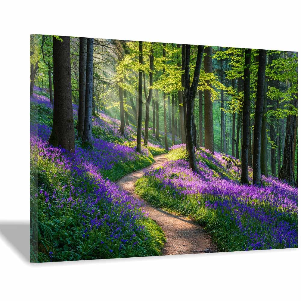 HOQIU Natural scenery wall art Sunlit Bluebell Trail decorative painting, wall art, for Living Room Bathroom Bedroom Kitchen Decoration.(Multicolor)-60x80cm Framed