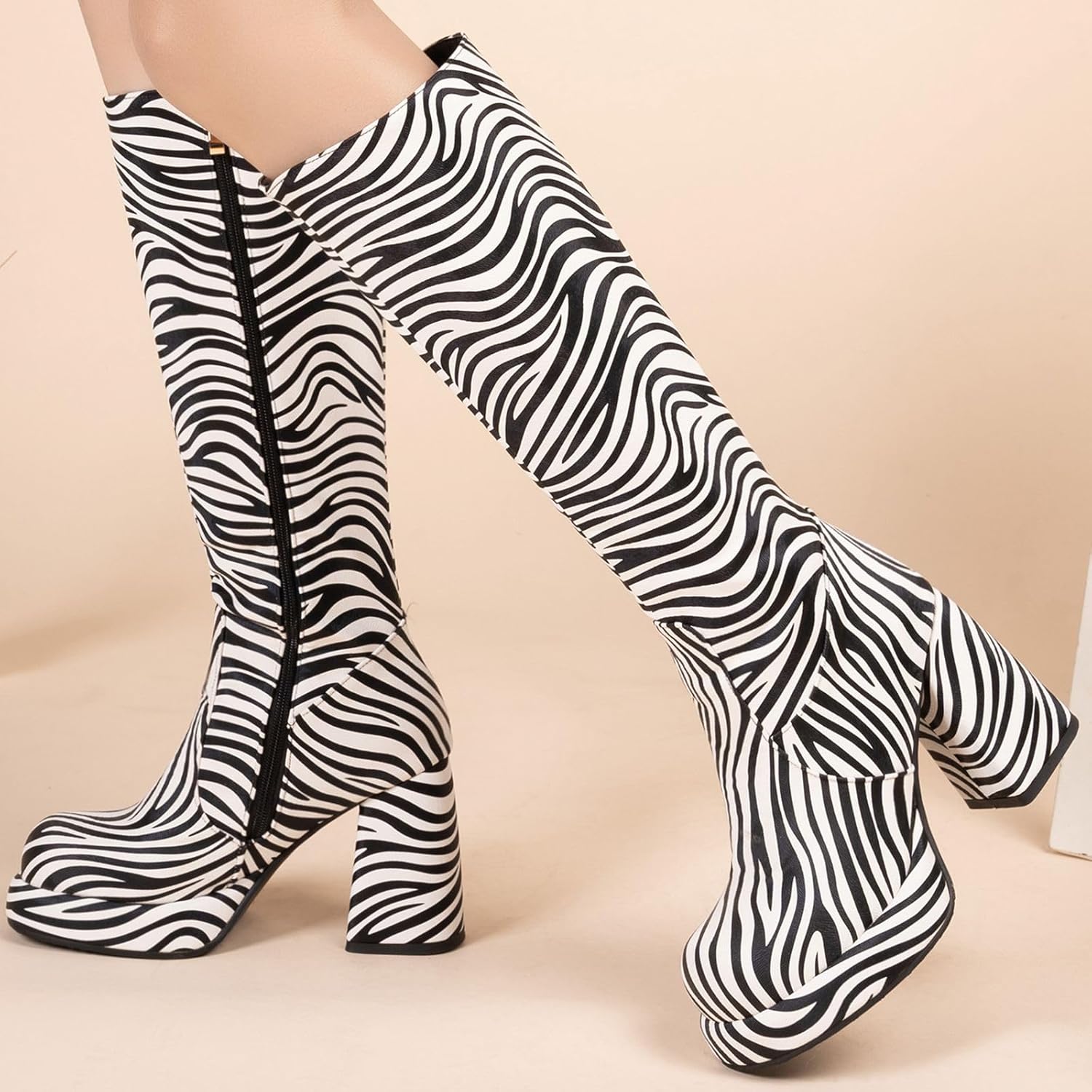 Women Animal Print Knee High Gogo Boots Platform Chunky Heel Long Boots with Zipper