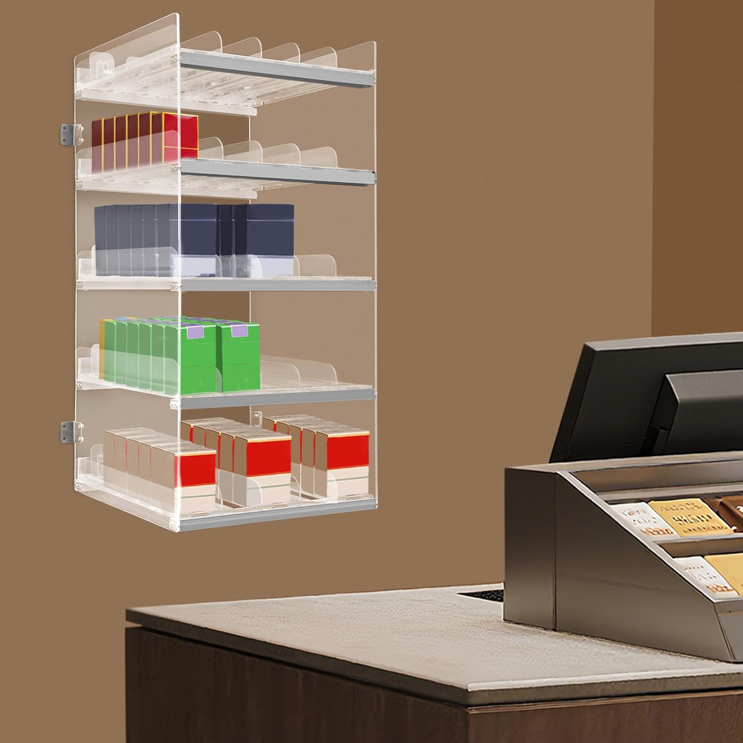 Cigarette Display Holder, Automatic Cigarette Pusher Holder, Clear Cigarette Display Stand Rack, Support Table Top Or Wall Mount, For Supermarkets, Convenience Stores, Bars, 12.4 * 11.18in