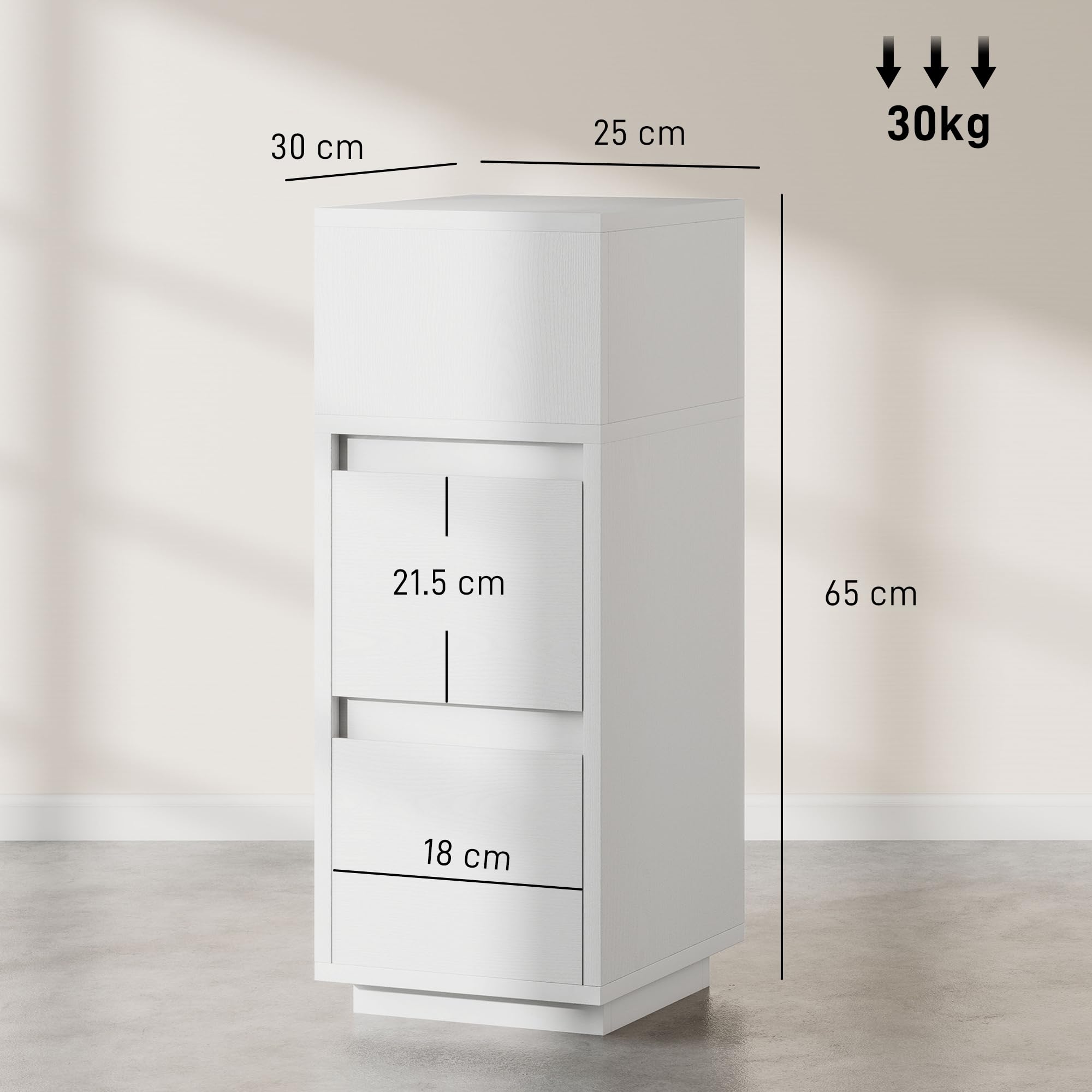 HOMCOM Set di 2 Comodini Camera da Letto Stretti e Alti 25x30x65 cm Bianco | Con 2 Cassetti e Ripiano Aperto, Comodini Moderni Salvaspazio, Tavolini per Divano, Soggiorno, Salotto e Camera