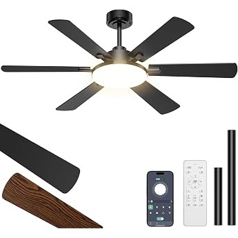 Rottogoon Ceiling Fan with Lighting 132 cm Double-Sided Blades 6 Blades Ceiling Fan with Remote Control Quiet Reversible DC Motor 3CCT Dimmable LED for Bedroom Living Room [Energy Class F]