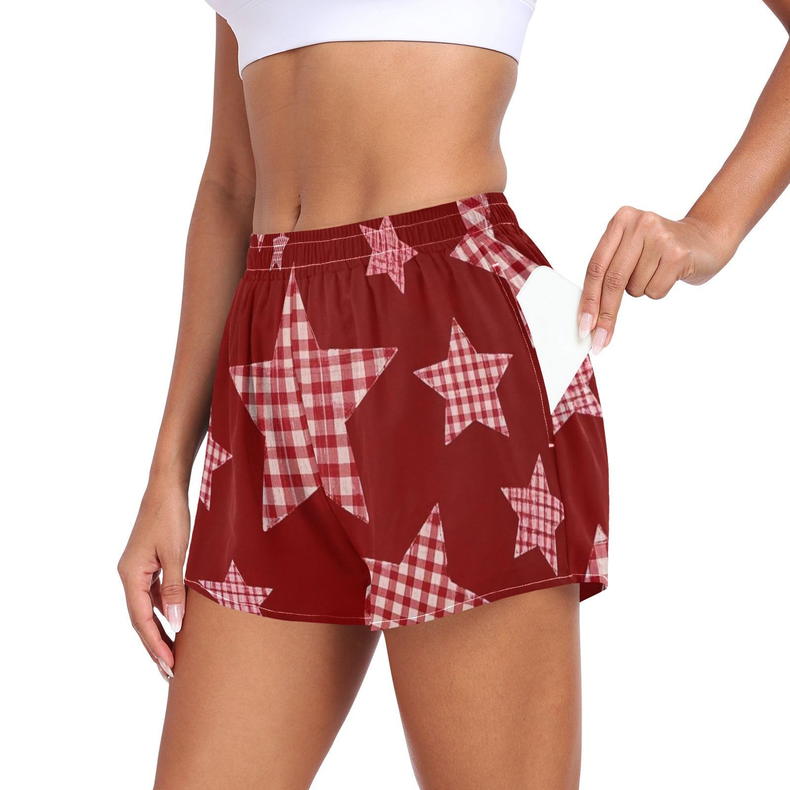 EtherSpher Cartoon Checkered Plaid Star Red Women's Athletic Shorts Elastic Waisted Lady Sport Shorts for Running Hiking Biking Jogging Walking Shores deportivos para Mujer L