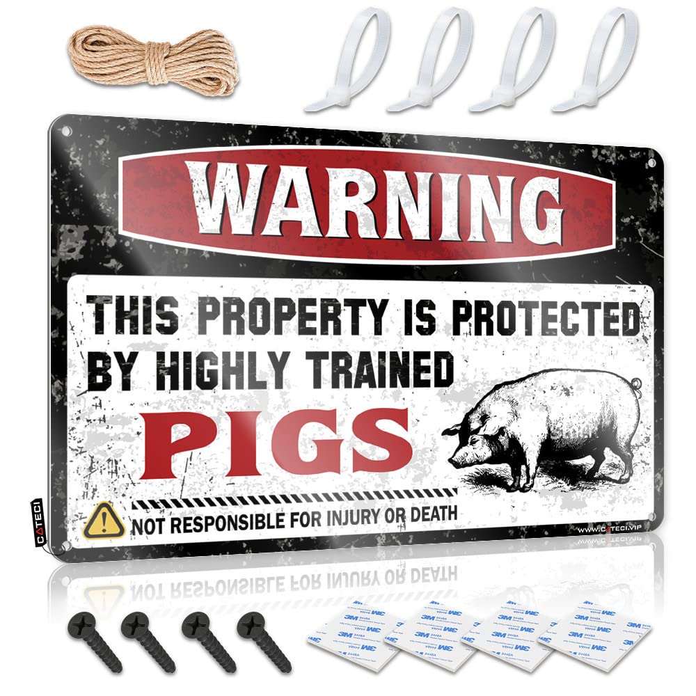 STWNVOITV Beer Decor Warning This Property Is Protected By A Highly Trained Pigs Tin Sign Bedroom Door Decorations Garage Signs Funny(20X30CM)
