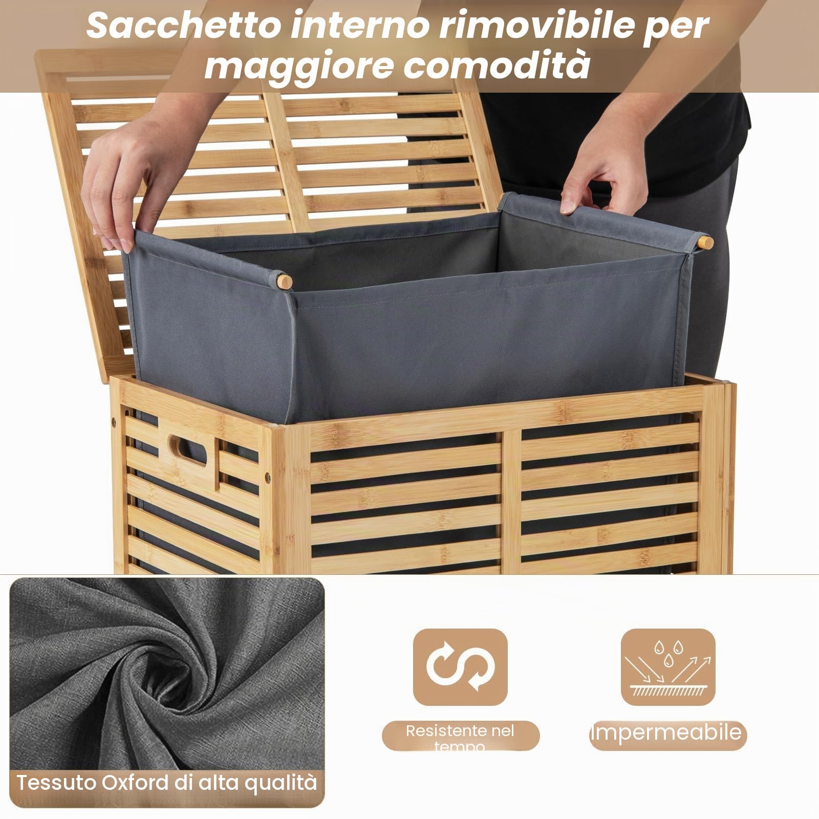 FANTASK Cesto portabiancheria con coperchio, grande, 80 l, in bambù, con sacco per la biancheria, rimovibile e lavabile, per bagno, camera da letto, soggiorno