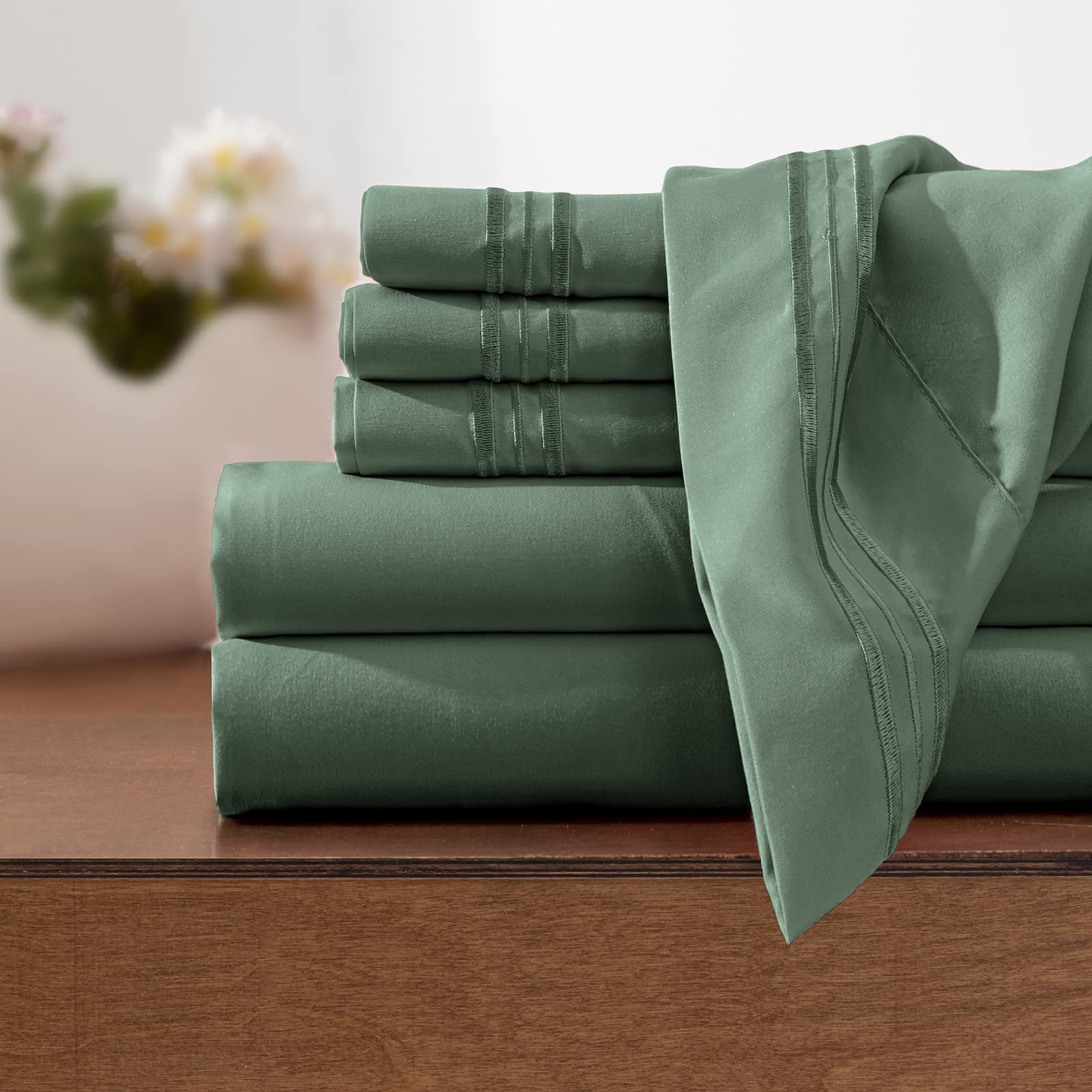 Juego de sábanas color verde tamaño matrimonial, 6 piezas de sábanas y fundas de almohada de lujo de 1800 hilos, juego de ropa de cama de microfibra con bolsillo profundo de 16 pulgadas, 7