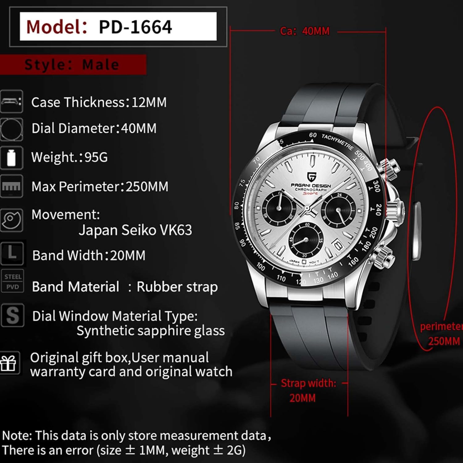 Pagani Design Orologio da Uomo al Quarzo, Cronografo Classico Multifunzione da Uomo, Movimento in Acciaio Inossidabile VK63, Orologio Sportivo da Uomo Resistente Allacqua 100M.