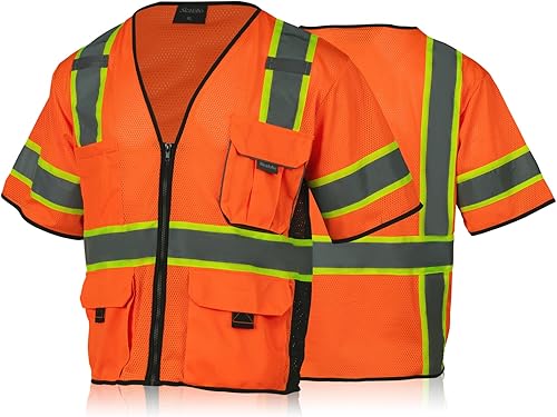 Miniatura 8 de Chaleco de alta visibilidad con bolsillos y cremallera para hombres y mujeres, chaleco de construcción con tiras reflectantes, Hi Vis Clase 3
