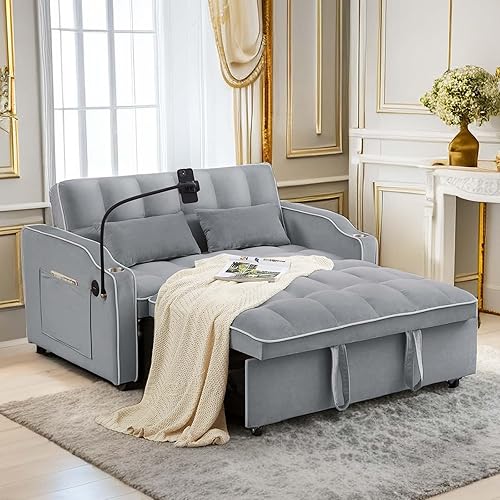 Miniatura 9 de FTOPBTB Sofá cama extraíble de terciopelo 3 en 1 con soporte para tazas y puerto USB, moderno sofá biplaza convertible de 2 plazas con soporte para