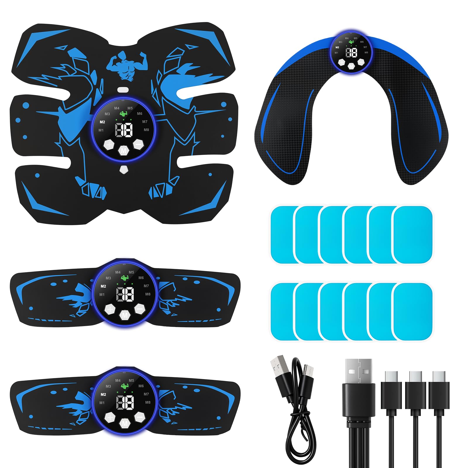 EMS Trainingsgerät, 8 Modi & 29 Intensitäten, Bauchmuskeltrainer EMS Trainingsgerat, Bauchtrainer, 12 Stück Ersatz-Hydrogels, USB Wiederaufladbar EMS Bauchtrainer Ganzkörper ABS/Bauch/Arm/Bein