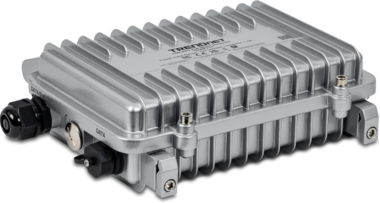TRENDnet Industrial Outdoor 10G SFP+ to 10G PoE++ Media Converter (95W), TI-OBF711, 1 x 10G LC Duplex Single Mode Fiber Optic Port, 1 x 10G PoE++ RJ45 Port, Up to 95W, NDAA + TAA Compliant