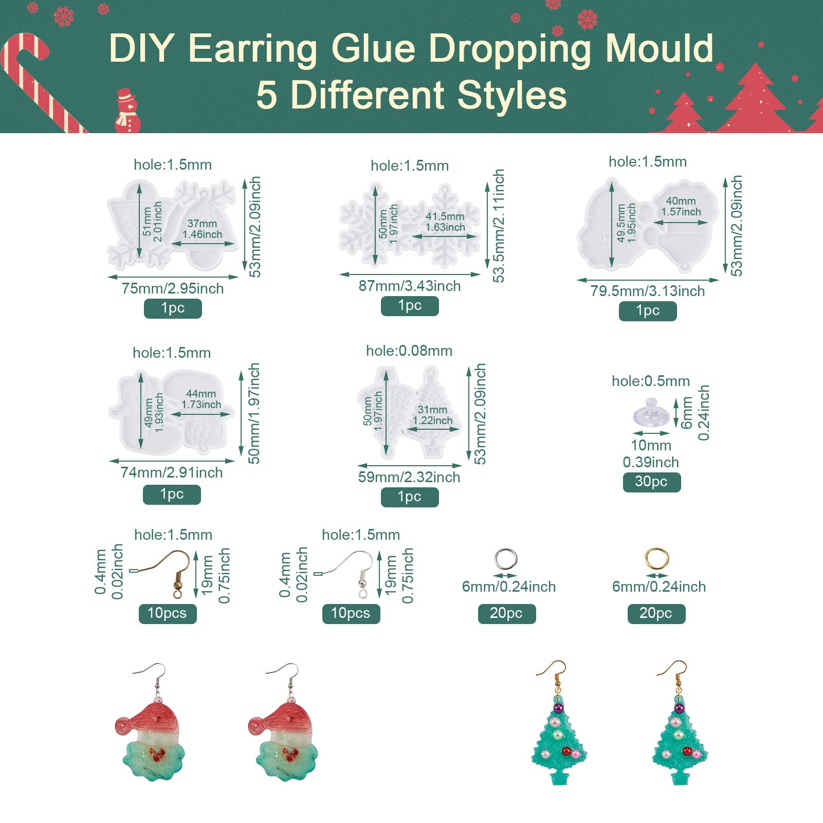 Boutigem 5pcs Christmas Theme Silicone Mold Snowflake Bell Santa Claus Resin Mould with French Earring Hook Ear Nut for Dangle Earring Women Jewelry DIY Making - Image 3
