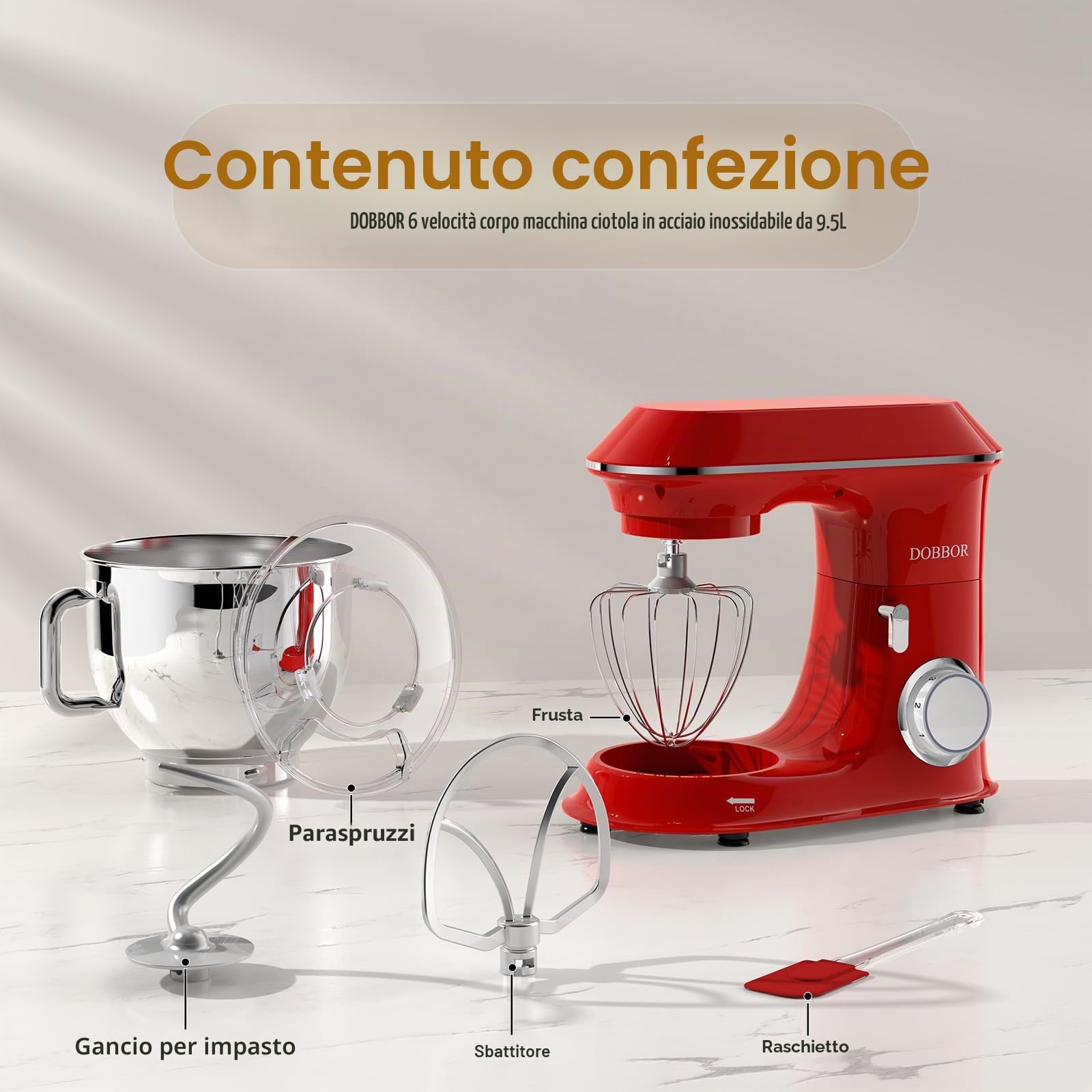 9.5Litri Impastatrice planetaria, DOBBOR 1500W Robot da Cucina con ciotola di acciaio inossidabile, 7 velocità con Gancio per Impastare, Frusta, Sbattitore, Ciotola e Coperchio (Rosso)