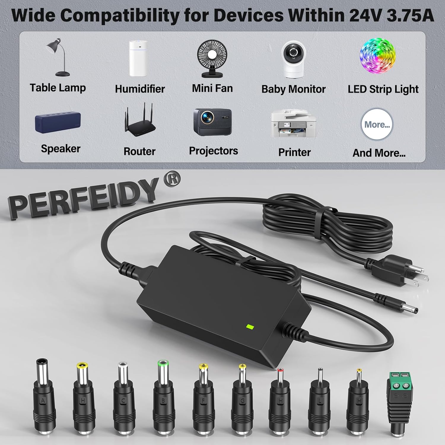 24V 3.75A 3A 2.5A 2A Charger DC in Adapter Power Cord with 10 Interchangeable Jacks,Perfeidy Power Supply 24Volt 3750mA 3000mA 2500mA 2000mA 1000mA 800mA 400mA 300mA 200mA 100mA