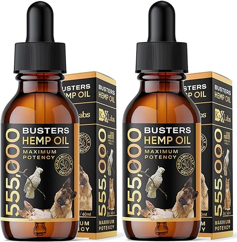 Buster's - Paquete de 2 aceites de cáñamo orgánico para perros y mascotas, suministro para 4 meses, botellas grandes de 2.1 fl oz, potencia máxima