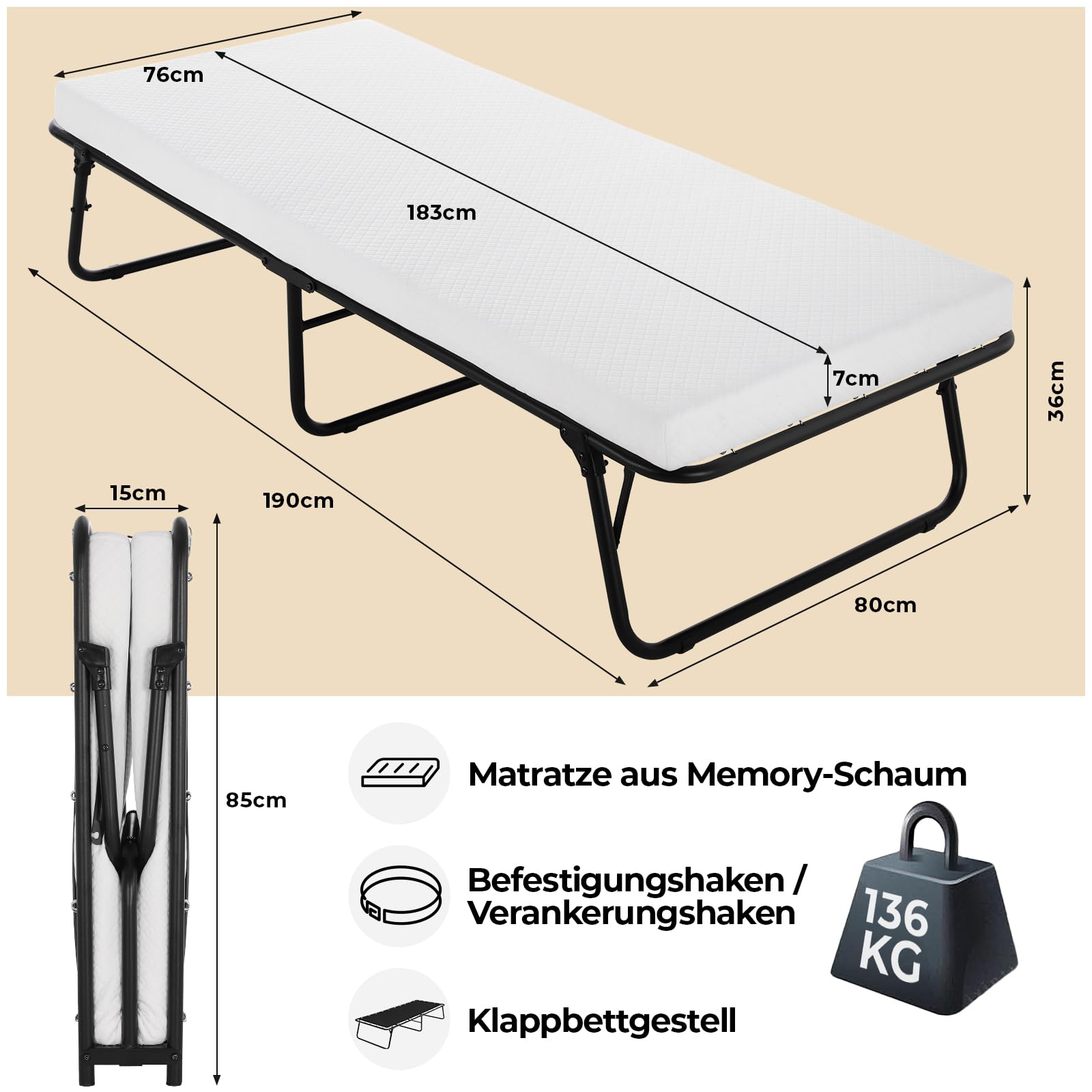 MAMIZO Klappbett Gästebett 80x190cm,Einzelbett Klappbar,Tragbares Reisebett | mit 7cm Memory-Schaum Matratze, Gästebett Klappbar für Erwachsene, Ohne Aufbau, für Gästezimmer, Büro, Pflegeheim, Schule