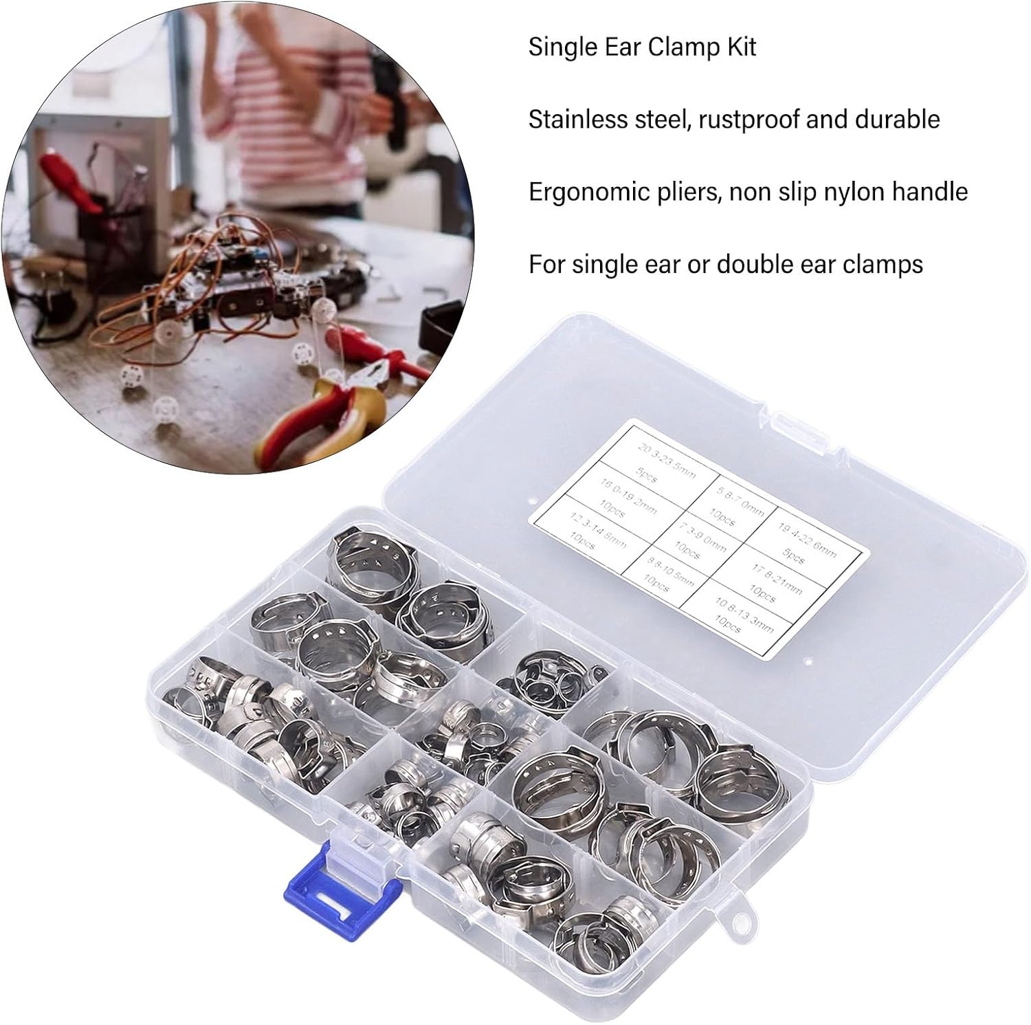 80PCS Stainless Steel Hose Clip Assortment Kit, Single Ear Pipe Clamps with Clamping Pliers, Rust Hose Clamp Tools for Automotive Plumbing HVAC in Storage Box
