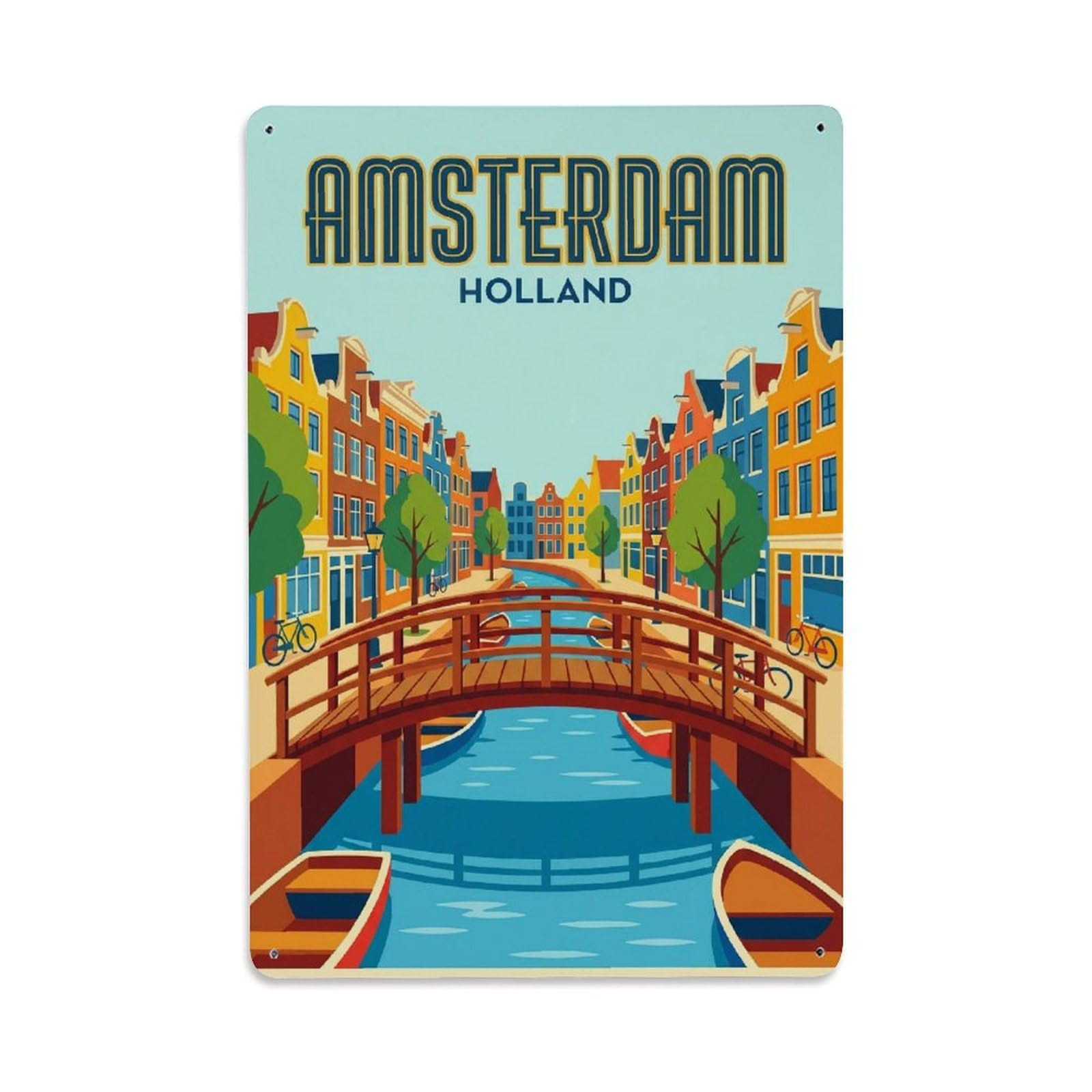 Okngb Style Amsterdam Wooden Footbridge Waterway Classic Tourism Metal Tin Sign Plaque Wall Decor For Cafe, Man Cave, Club Bar, Office, Home Garden Round Metal Poster 8X12inch