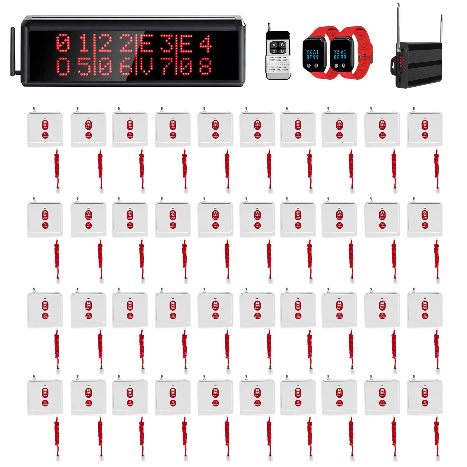 WNKRUN Caregiver Pager Wireless Pager System 1600+ Feet Nurse Alert System for Elderly Disabled Patient 1 Host Display/40 Call Buttons/2 Watch Pagers/1 Signal Amplifier (40 Call Buttons)