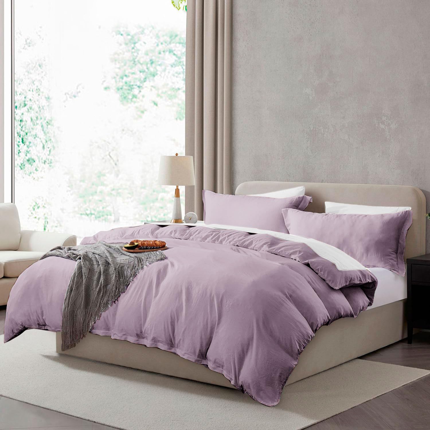 Hearth & Harbor Full Duvet Cover Set - Full Soft Prewashed Dusty Purple Duvet Cover, 3 Piece Set with Zipper Closure, 1 Duvet Cover 80x90 inches and 2 Pillow Shams