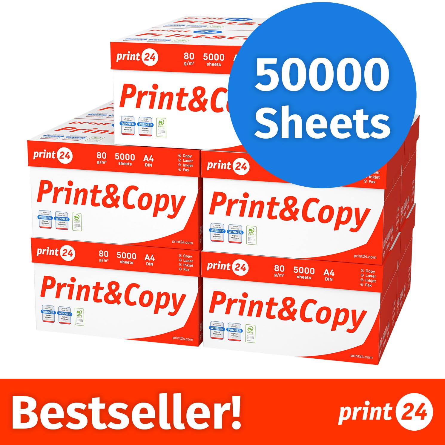 Druckerpapier Kopierpapier 50000 Blatt 100 x 500 A4 80g Premium Hochweiß CIE 160 PEFC zertifiziert