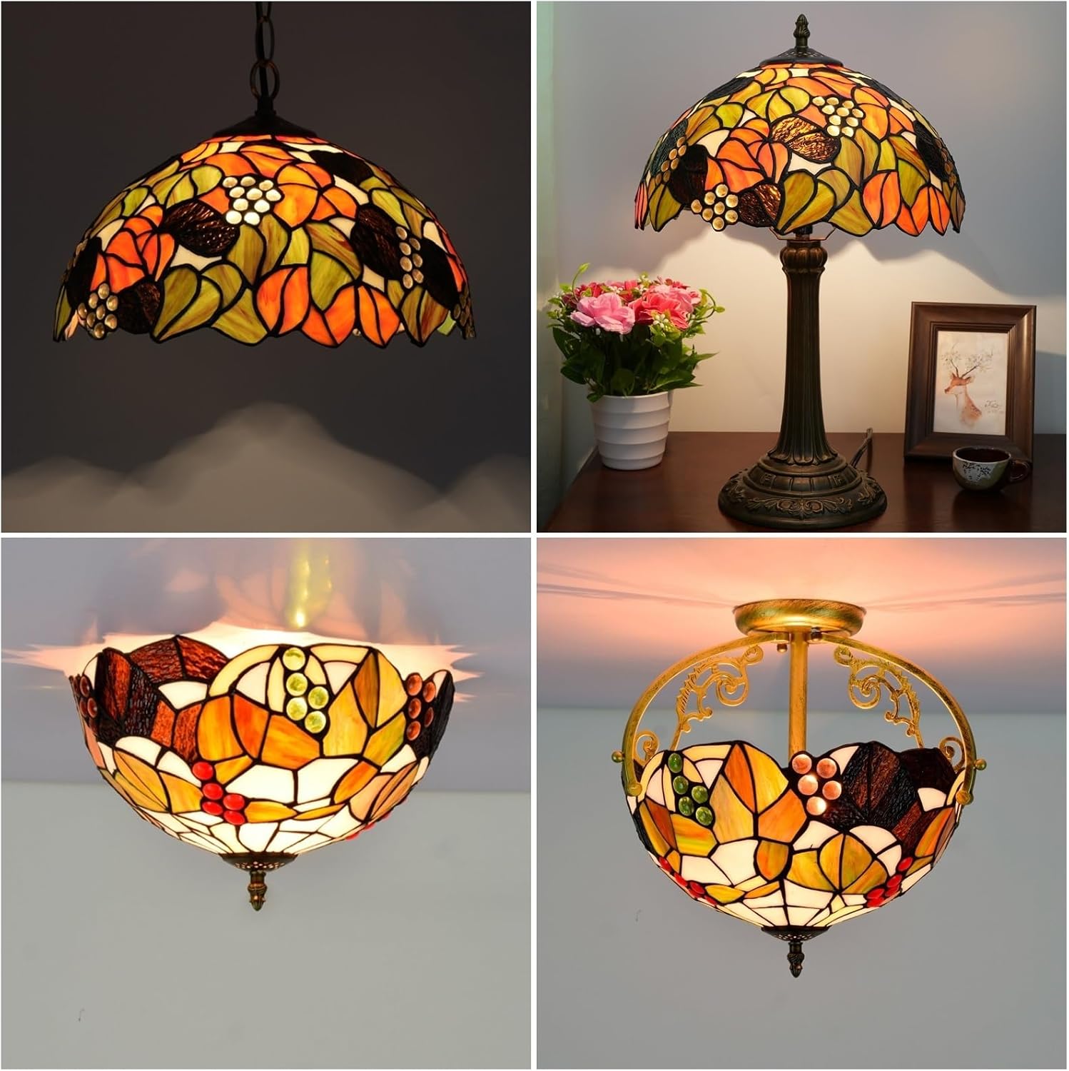 Tiffany Style Lamp Shade 12 Inch Stained Glass Lampshade Replacement Maple Leaf Grapes Ceiling Light Shade for Table Lamps Pendant Light Floor Lamp Handcrafted Vintage Home Deco