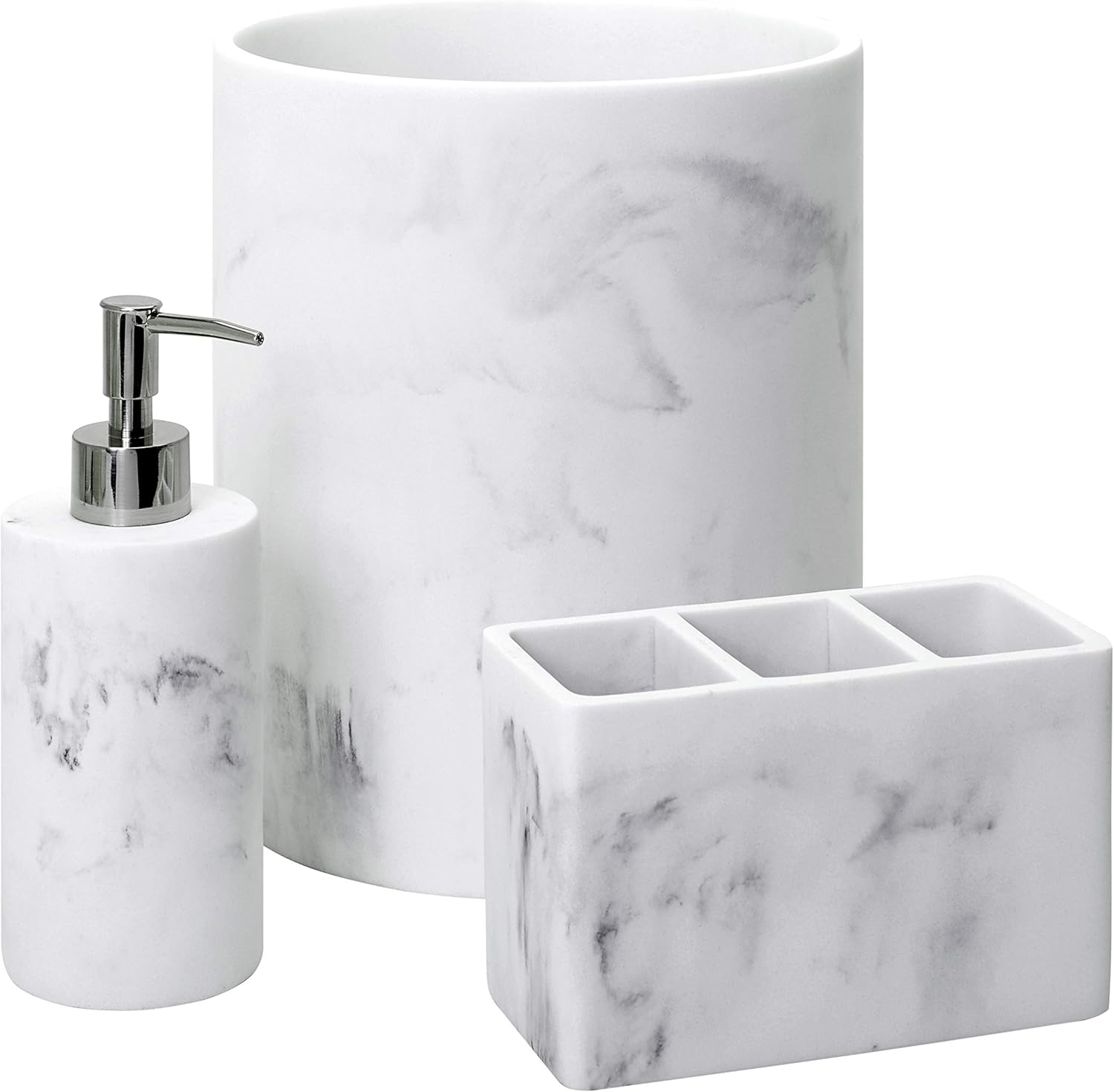 Zenna Home Corin 3 Piece Bathroom Accessory Set: Refillable Soap or Lotion Dispenser, Vanity Organizer and Compact Waste Basket, Bathroom Accessory Storage Set, Sturdy Resin, Marble Grey
