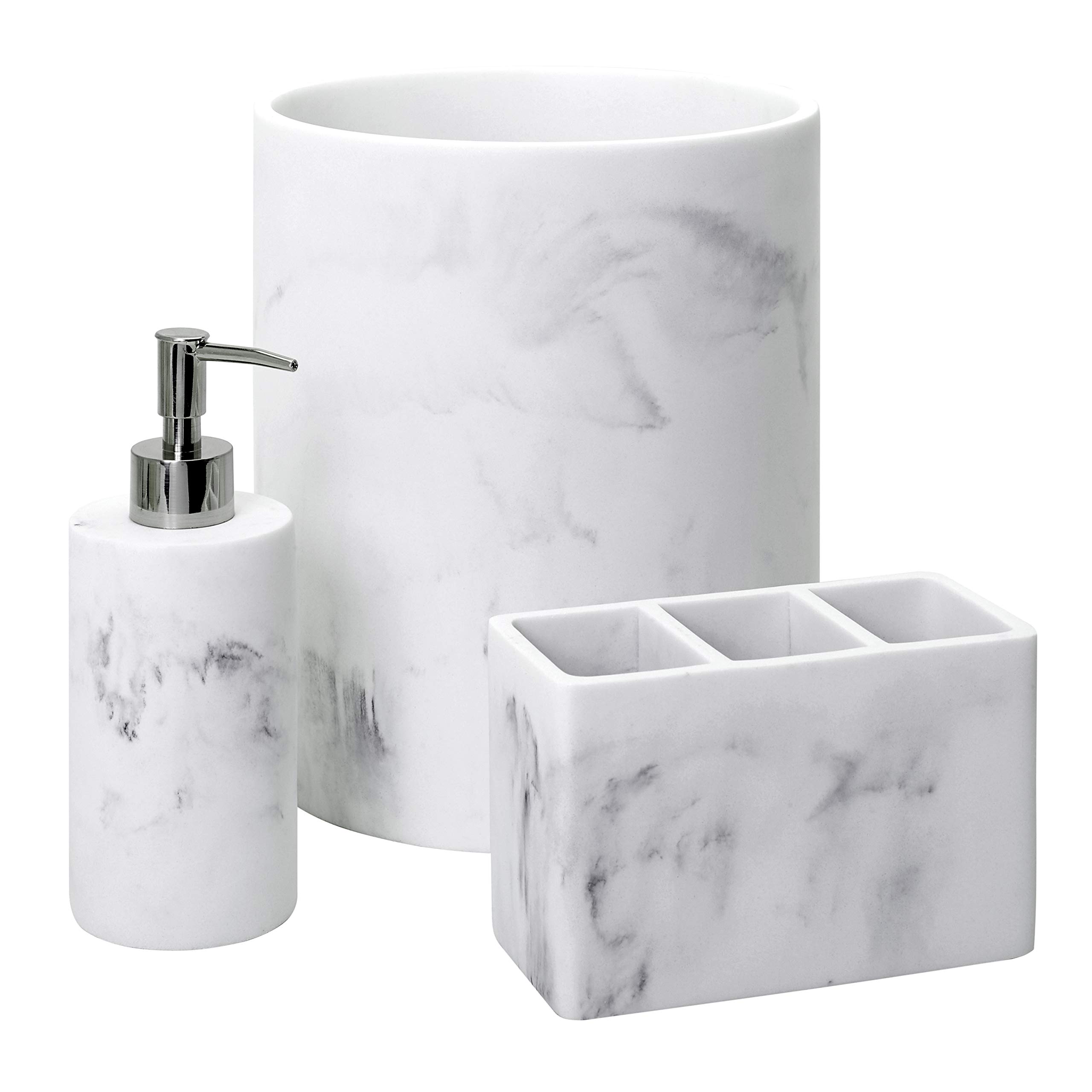 Zenna Home Corin 3 Piece Bathroom Accessory Set: Refillable Soap or Lotion Dispenser, Vanity Organizer and Compact Waste Basket, Bathroom Accessory Storage Set, Sturdy Resin, Marble Grey