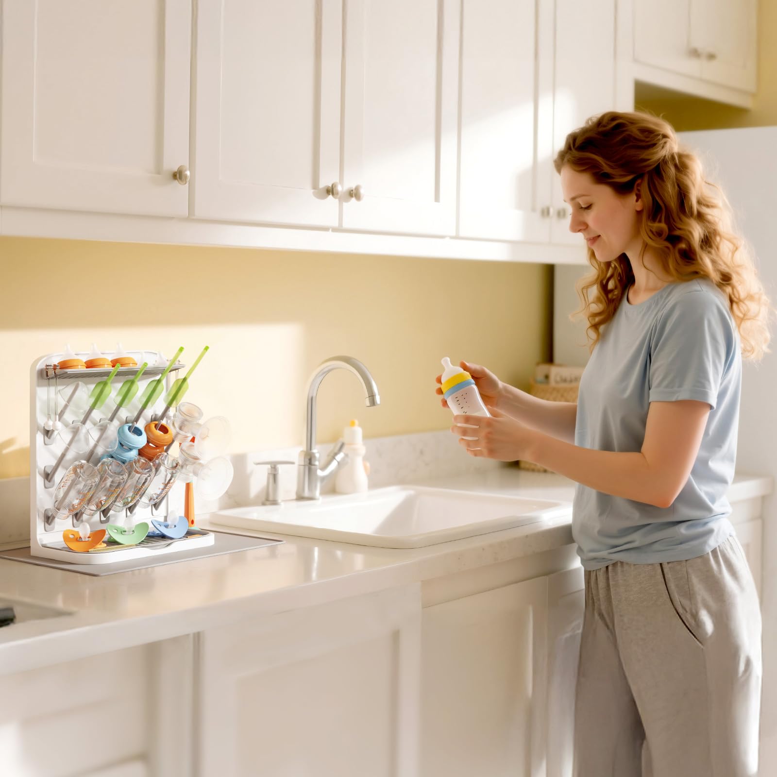 Lifewit Grande Scolabiberon con Tappetino Drenante, Scolabiberon Verticale con 15 Ganci e Contenitore per Tettarelle Rimovibile, Adatto a Cannucce a Pressione e Accessori per Tiralatte