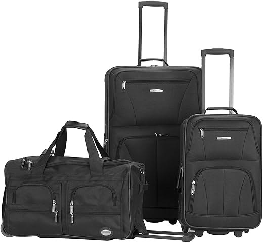 Rockland Vara Softside 3-Piece Upright Luggage Set,Expandable, Black, (20/22/28)