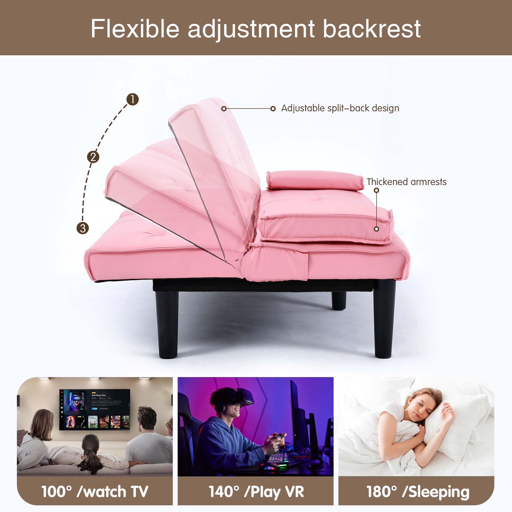 67" Futon Sofa Bed Convertible Sofa Bed with 2 Cup Holders (Pink) | Sleeper Couch PVC Leather Removable Soft Armrest Small Couch for Living Room Apartments
